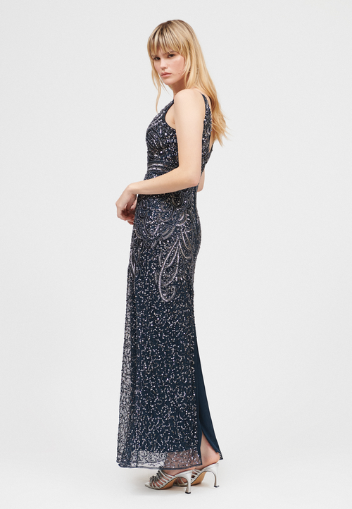 Beauut Embellished Sequin Beaded V Neck Gown In Navy