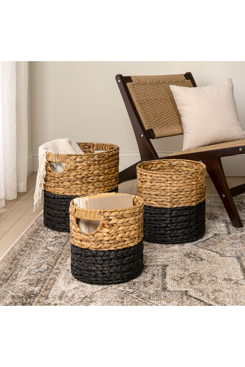 Avery Bohemian Cottage Handwoven Hyacinth Cylinder Nesting Baskets with Handles, Alternate, color, Black/Natural