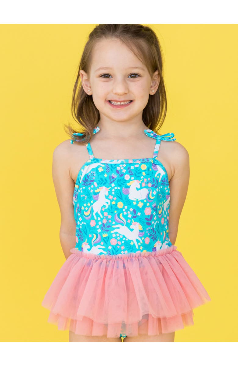 RuffleButts Toddler Girls UPF50+ Tulle Skirted One Piece, Alternate, color, Bright Aqua Unicorn Meadow