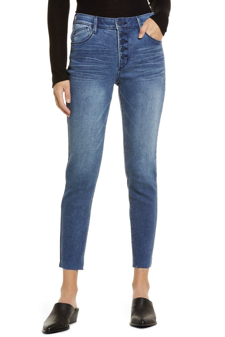 Ab-Solution Exposed Button Raw Hem Slim Jeans (Nordstrom Exclusive), Main, color, BLUE