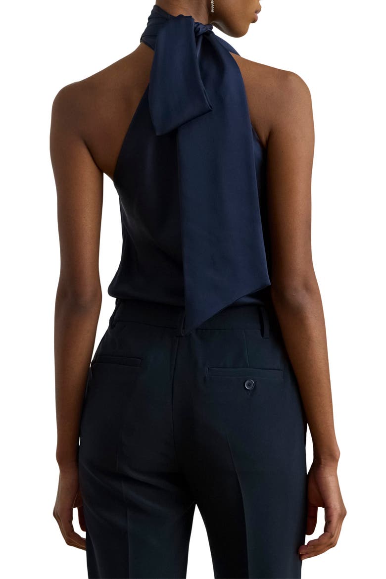 Tie Neck Asymmetric Charmeuse Halter Top, Alternate, color, REFINED NAVY BLUE