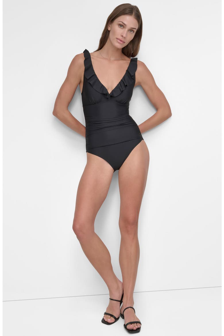 Ruffle Plunge Neck One-Piece Swimsuit, Alternate, color, BLACK