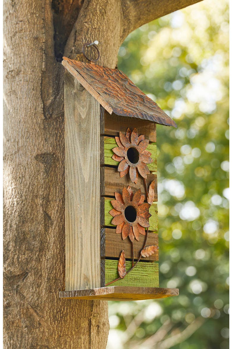 14.5"H Two-Tiered Distressed Solid Wood Birdhouse With Flowers, Alternate, color, Green