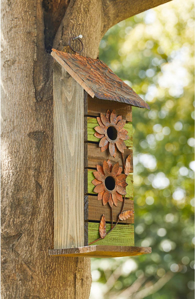 Glitzhome 14.5"H Two-Tiered Distressed Solid Wood Birdhouse With Flowers, Alternate, color, Green