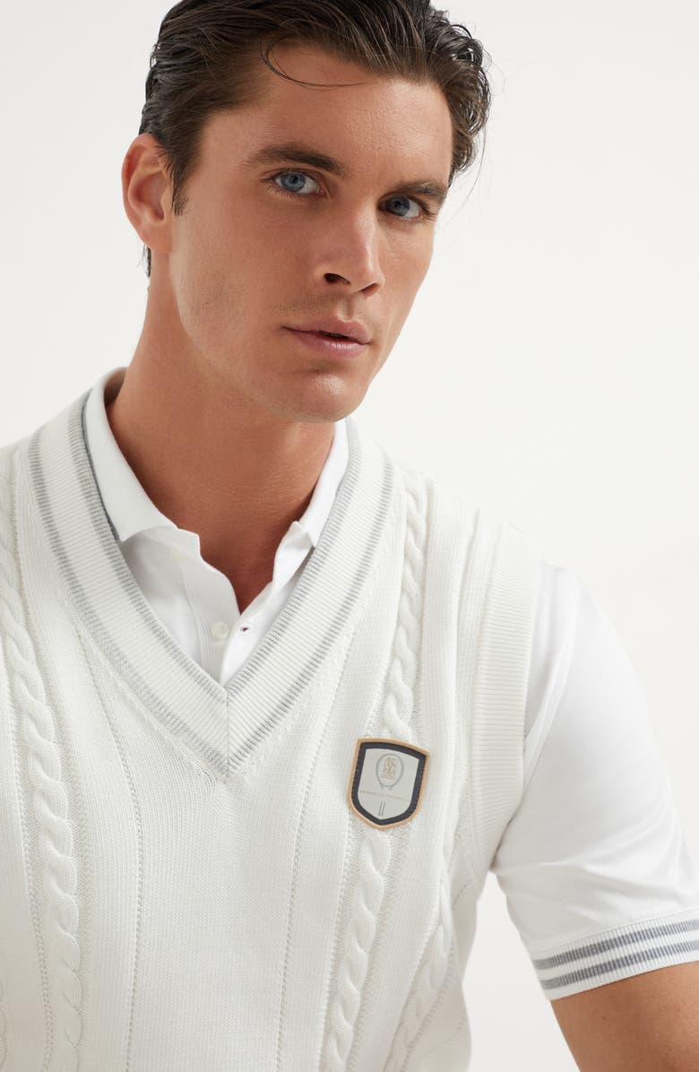 Brunello Cucinelli Cotton cable knit vest with tennis badge, Alternate, color, 