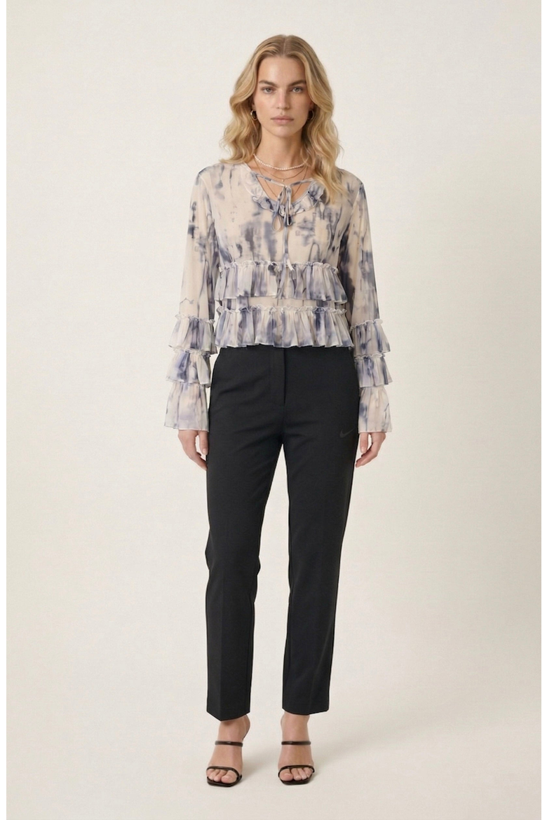 Ruffle Blouse with Tie Neck Detail, Alternate, color, Cream / Charcoal