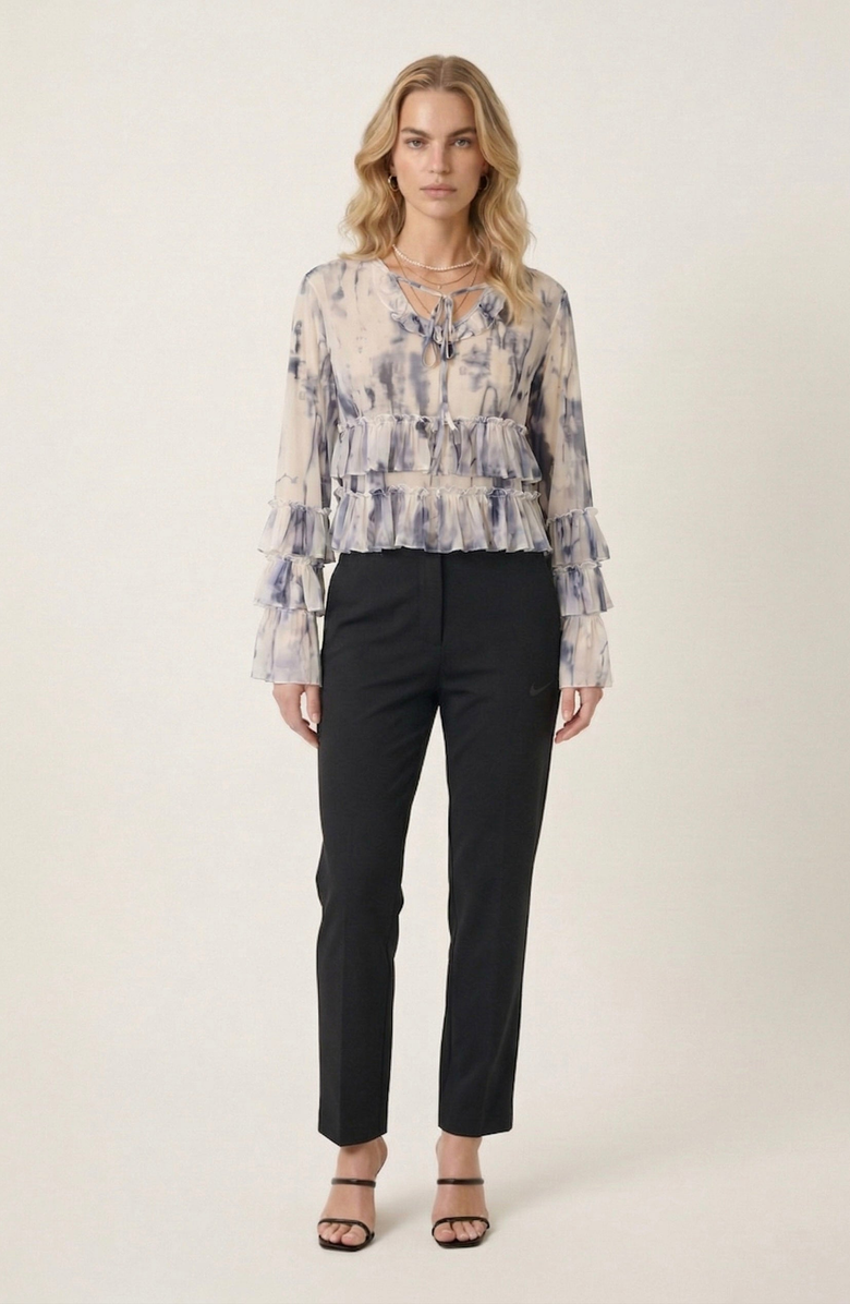Modenaire Ruffle Blouse with Tie Neck Detail, Alternate, color, Cream / Charcoal