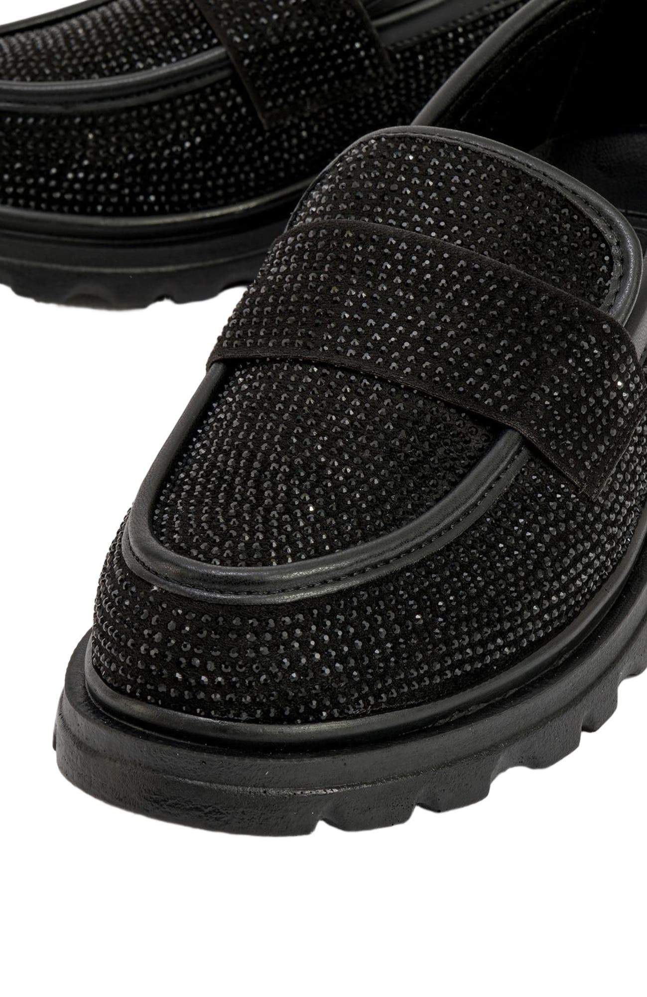 Prologue Shoes Babel Stone Embellished Suede Loafer, Alternate, color, Black Faux Leather