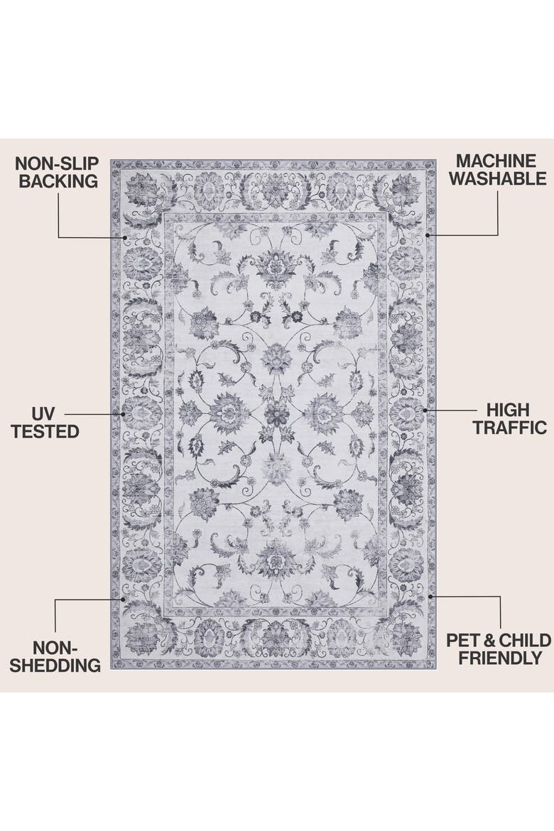 Arabella Vintage Floral Border Non-Slip Machine-Washable Beige/Cream 9 ft. x 12 ft. Area Rug, Alternate, color, Ivory/Gray