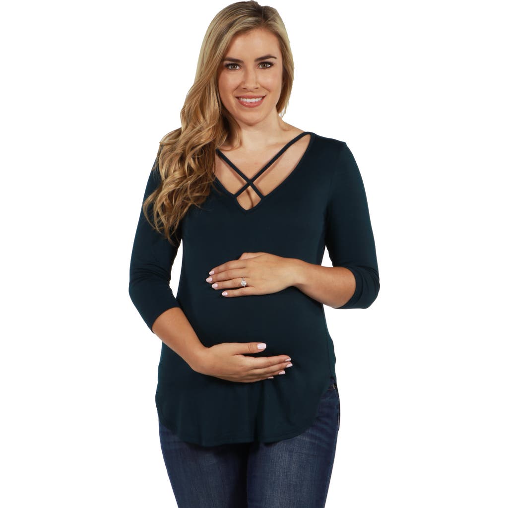 24seven Comfort Apparel Criss Cross Round Hemline Maternity Tunic Top In Green