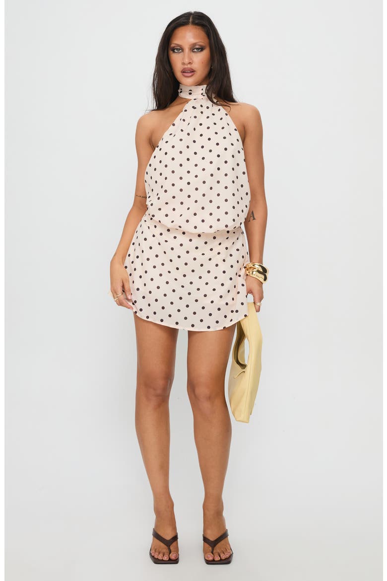 Natalea Polka Dot Halter Skirted Romper, Alternate, color, CREAM / BROWN POLKA
