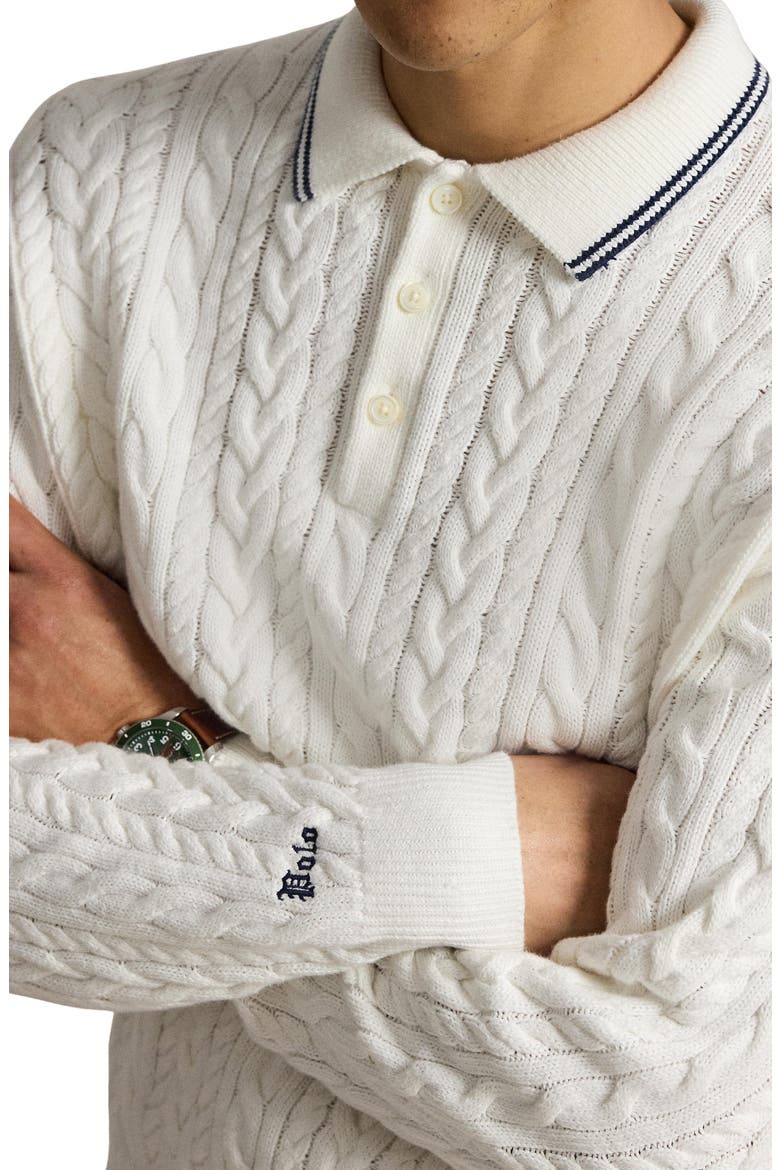 Relaxed Fit Cable Stitch Cotton & Linen Polo Sweater, Alternate, color, TROPHY CREAM