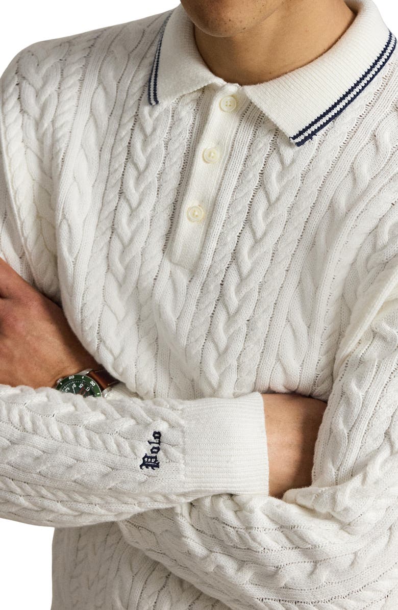 Polo Ralph Lauren Relaxed Fit Cable Stitch Cotton & Linen Polo Sweater, Alternate, color, Trophy Cream
