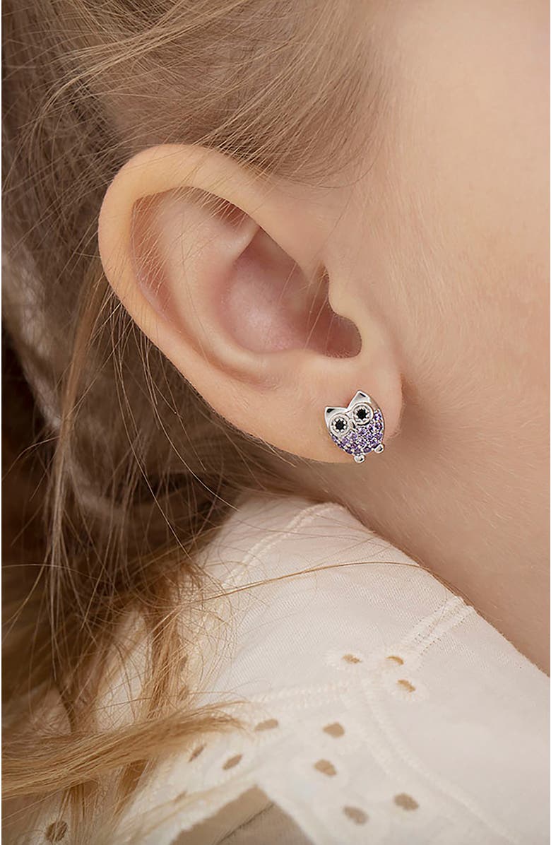 In Season Jewelry Hoot Cubic Zirconia Owl Earrings, Alternate, color, Purple