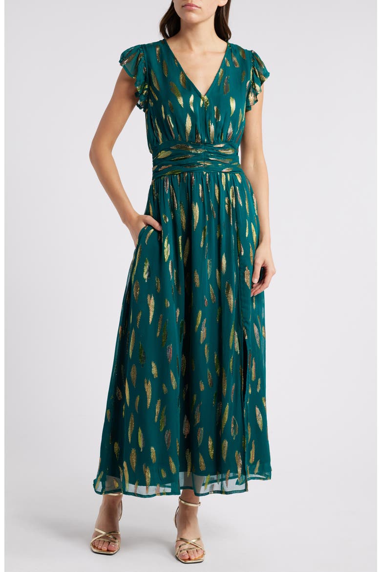 Jennsen Metallic Flutter Sleeve Maxi Dress, Main, color, TEAL