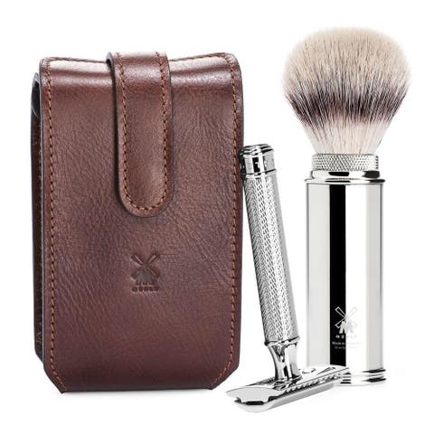 Brown Leather Case, Silvertip Fiber Brush & Safety Razor Travel Set
