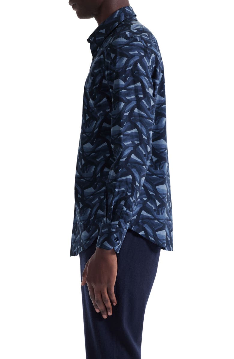 Bugatchi Julian Shaped Fit Abstract Wave Print Stretch Cotton Button-Up Shirt, Alternate, color, Navy
