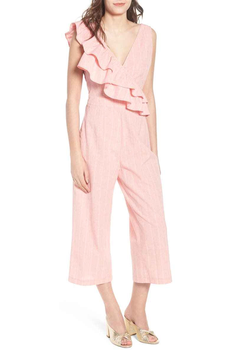 LOST INK Frill Shoulder Stripe Jumpsuit, Main, color, 