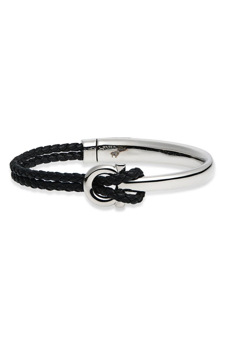 FERRAGAMO Gancio Braided Leather Bracelet, Main, color, Black/ Silvertone