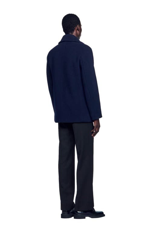 Sandro Straight-fit Wool-blend Coat In Navy Blue