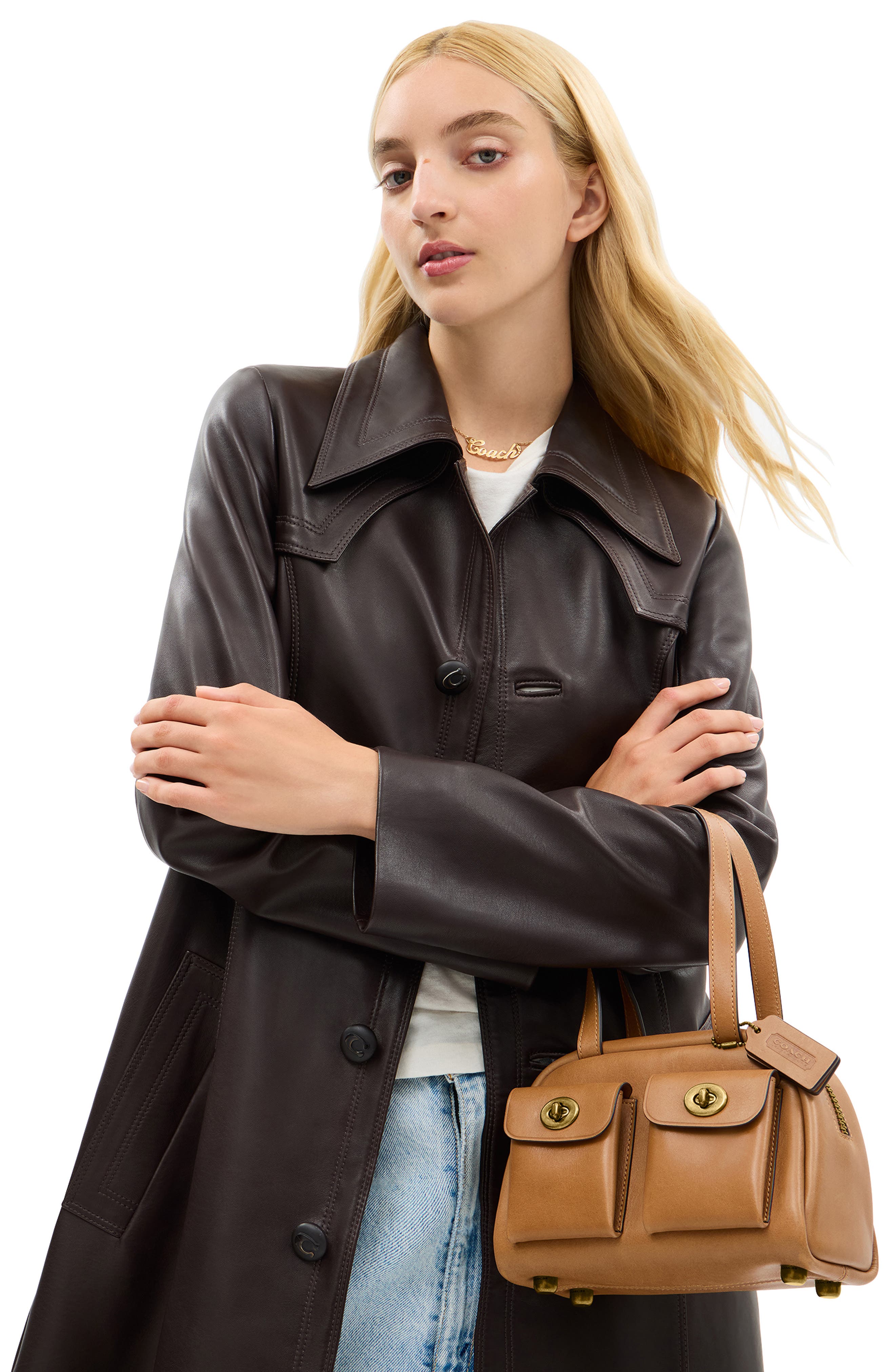 Twin Turnlock Leather Top Handle Bag, Alternate, color, TOFFEE