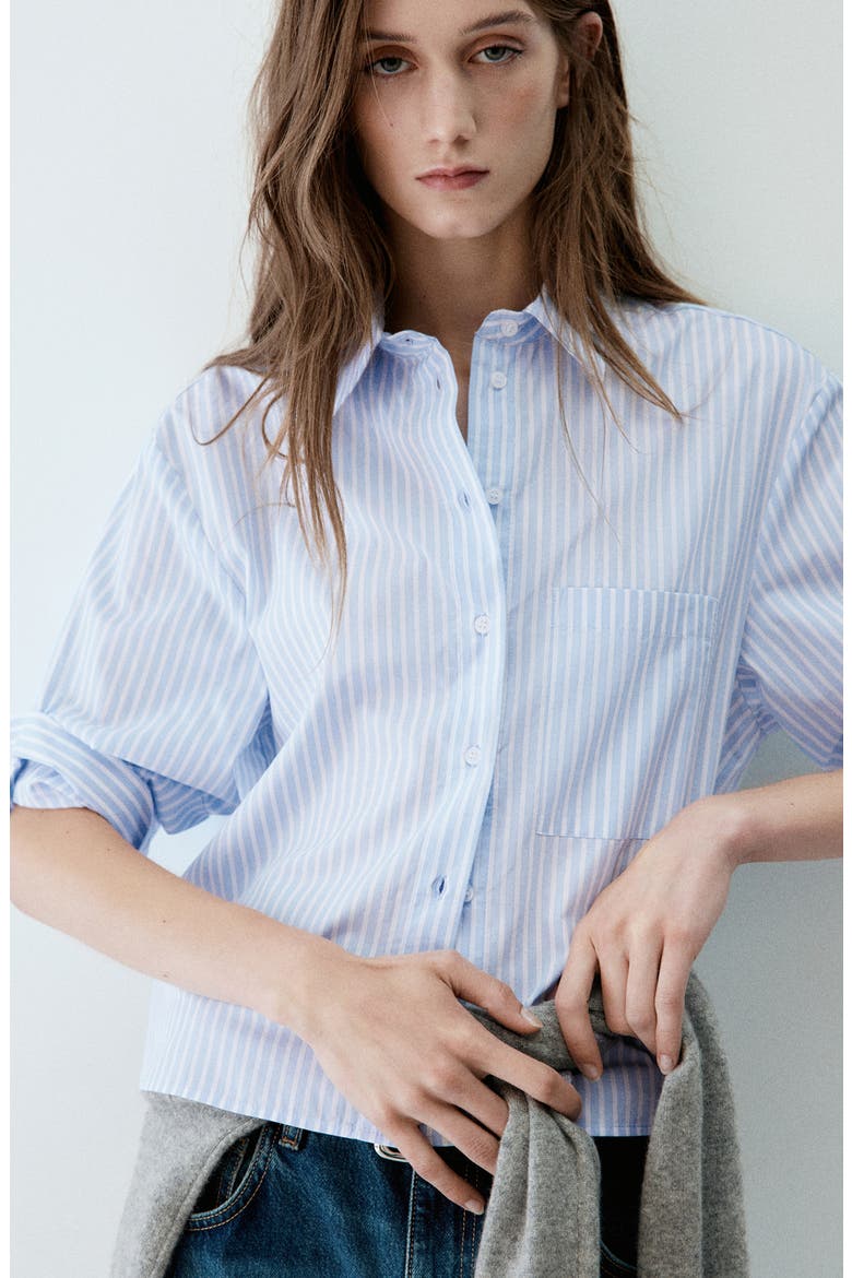 Striped Cropped Cotton Shirt, Alternate, color, SKY BLUE