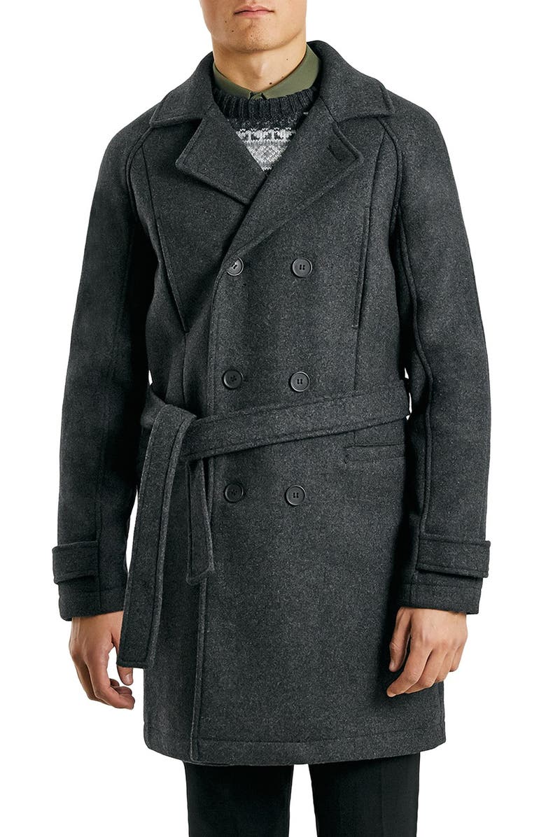Topman Charcoal Wool Blend Trench Coat, Main, color,