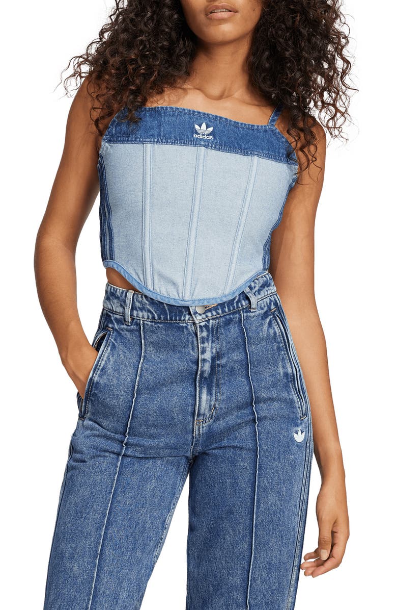 adidas x KSENIASCHNAIDER Patchwork Denim Corset Top, Main, color, 