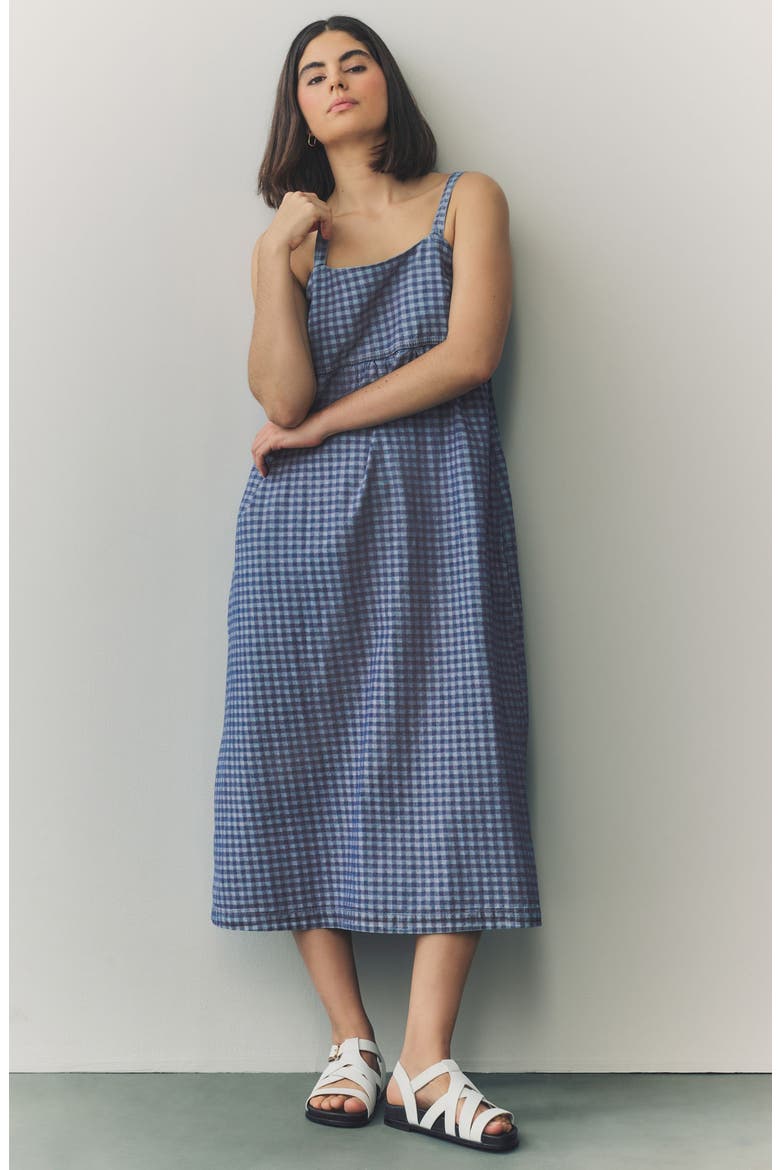 Gingham Sleeveless Denim Midi Dress, Alternate, color, BLUE