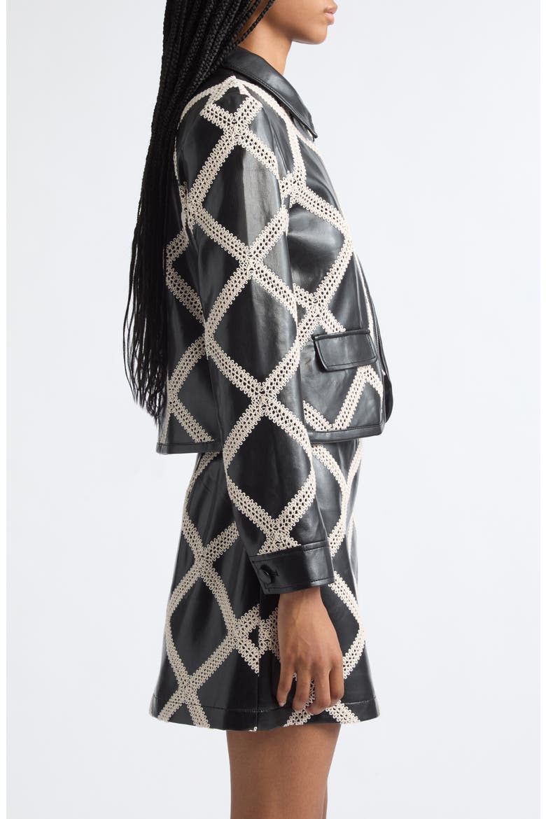 Audree Faux Leather Jacket with Crochet Overlay, Alternate, color, BLACK/ GARDENIA