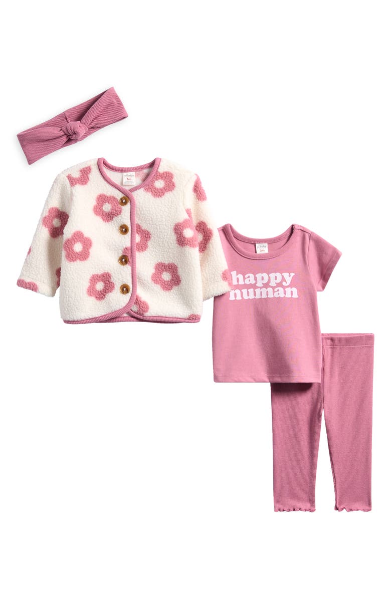 PL Baby by Petit Lem Fleece Jacket, Graphic T-Shirt, Joggers and Headband Set, Main, color, Pink Flower