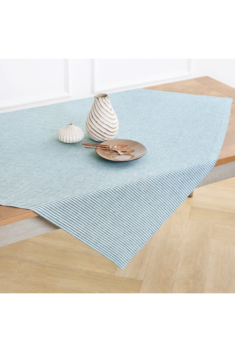 Linen Table Throw 52 x 52 Inch - Narrow Stripe, Main, color, Rainforest and White