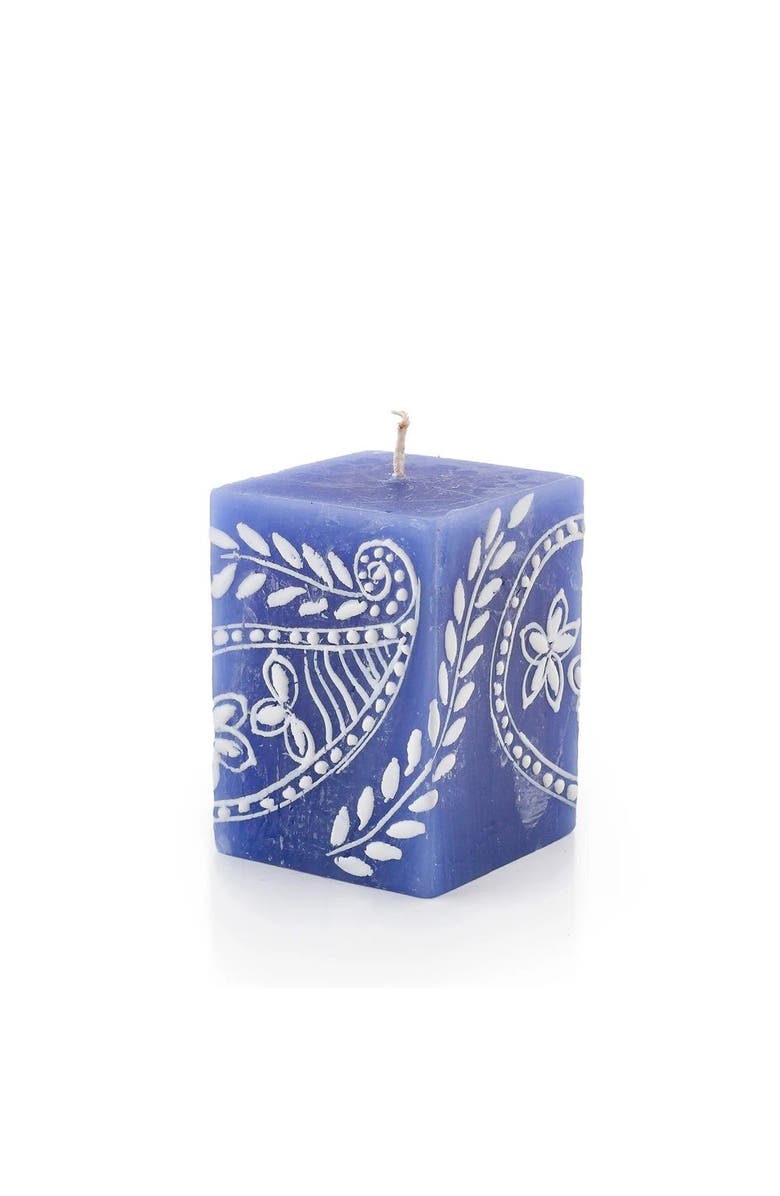 Thumbprint Artifacts Henna White on Blue Painted Cube Candle, Main, color, Henna White - 2X2x3"