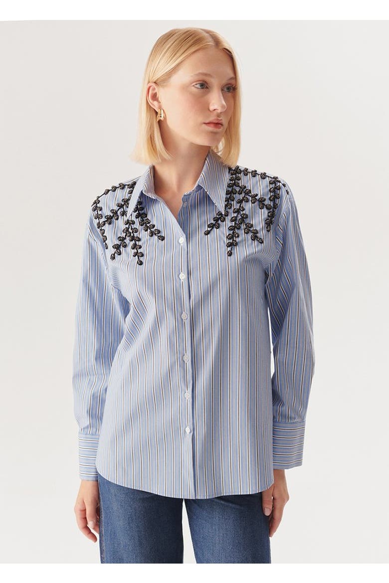 Kendall Beaded Long Sleeve Shirt, Main, color, Blue and White