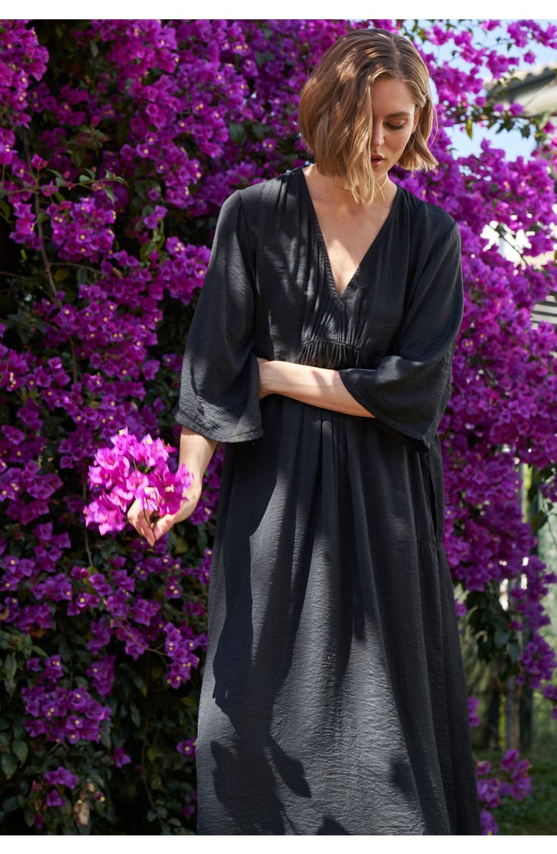 ocean+main Cupro Rouched Front Caftan, Alternate, color, Black