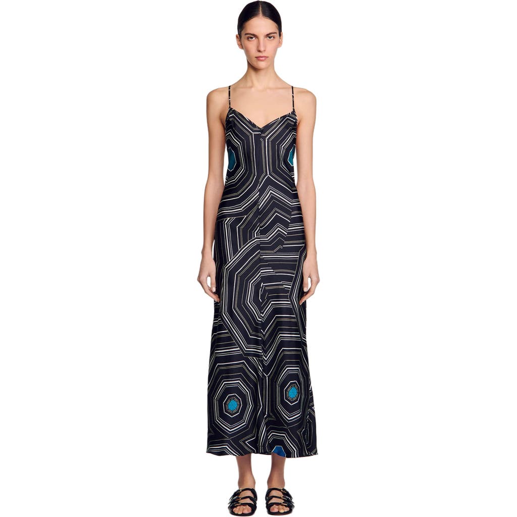 Sandro Patterned Silk Maxi Dress In Black