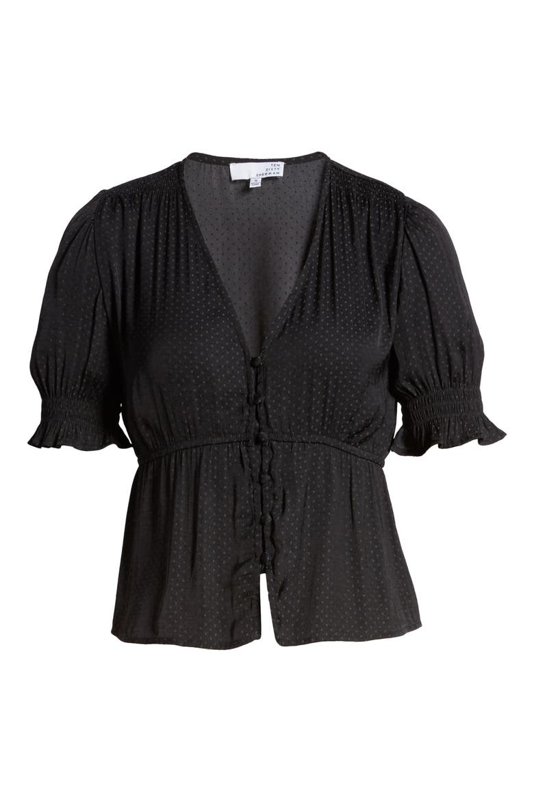 Shirred Sleeve Jacquard Dot Top, Alternate, color, BLACK