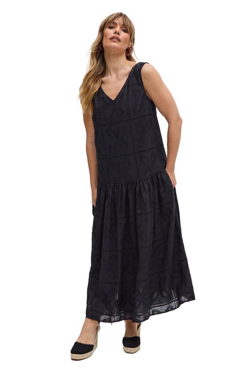 Raffya Squire All Over Cut Work Drop Waist Midi Dress In Black