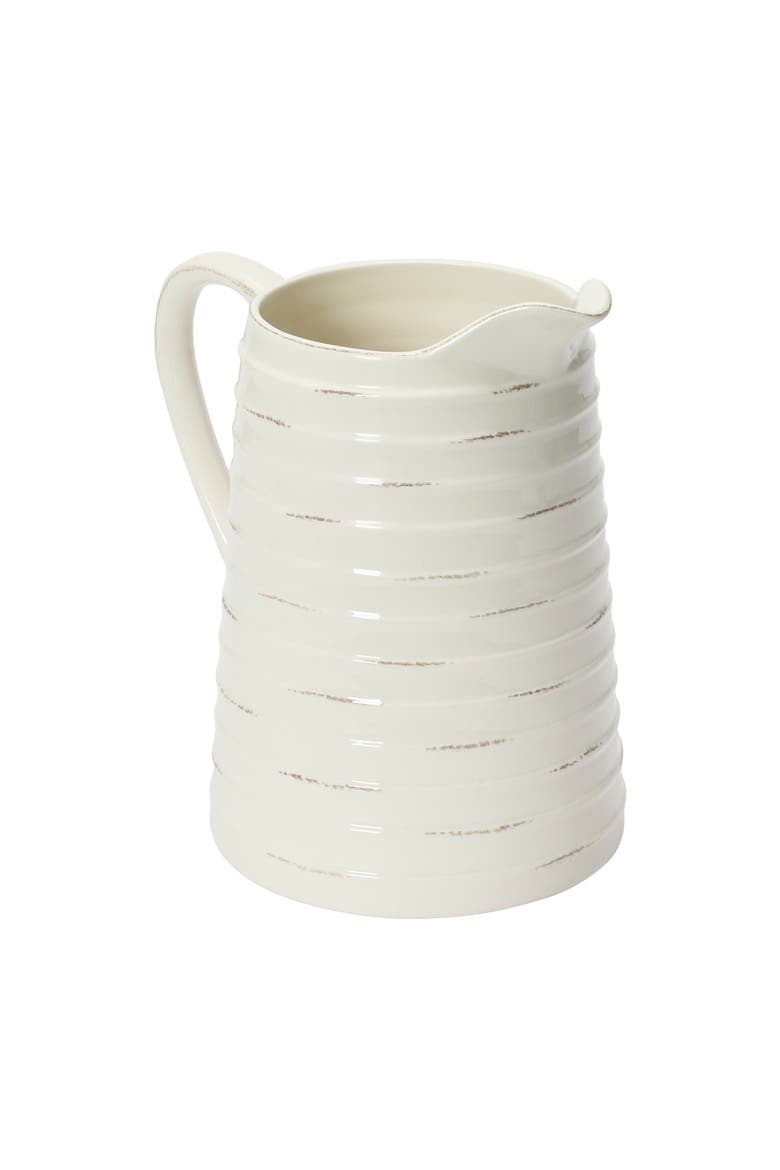 Farmhouse Embossed Stripe Ceramic Pitcher, Distressed White, Alternate, color, White