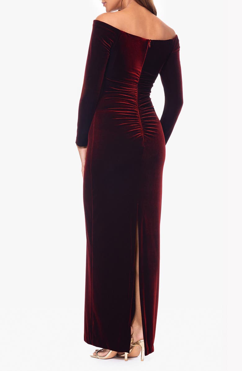 Xscape Evenings Off the Shoulder Long Sleeve Velvet Gown, Alternate, color, Burgundy