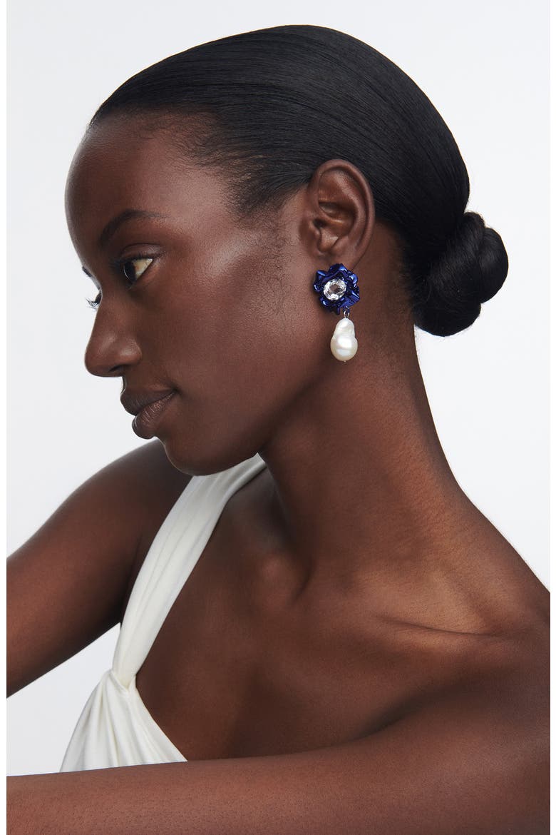 Lola Floral Baroque Pearl Drop Earrings, Alternate, color, COBALT