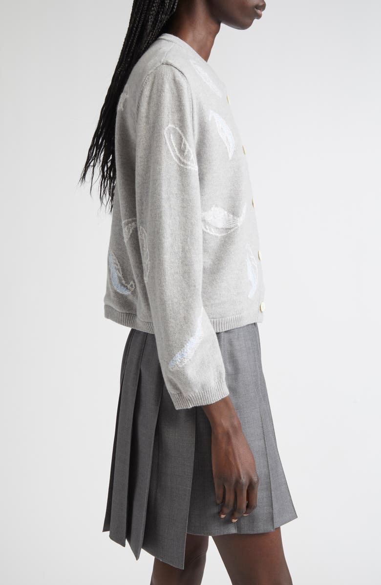 Thom Browne Feather Intarsia Cashmere Cardigan, Alternate, color, Pale Grey