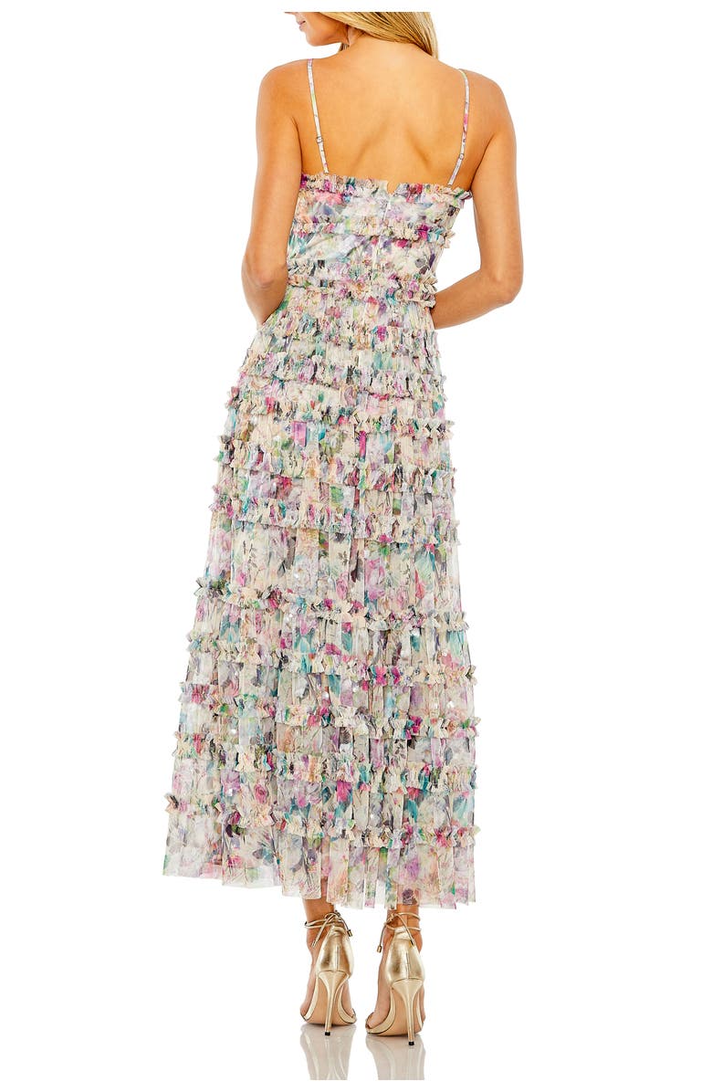 Mac Duggal Sleeveless Floral V-Neck Sequin Detail Ruffle Dress, Alternate, color, Nude Multi