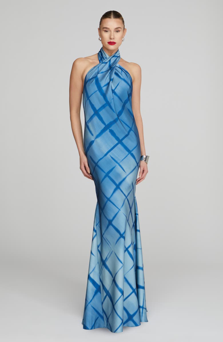 HALSTON Corinne Satin Halter Gown, Alternate, color, Batik