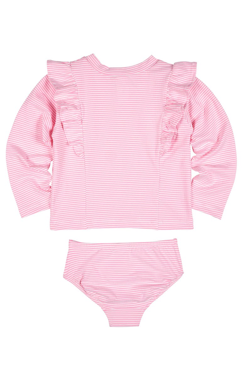 Florence Eiseman Stripe Seersucker Rashguard Swimsuit with Flower, Alternate, color, Pink/White