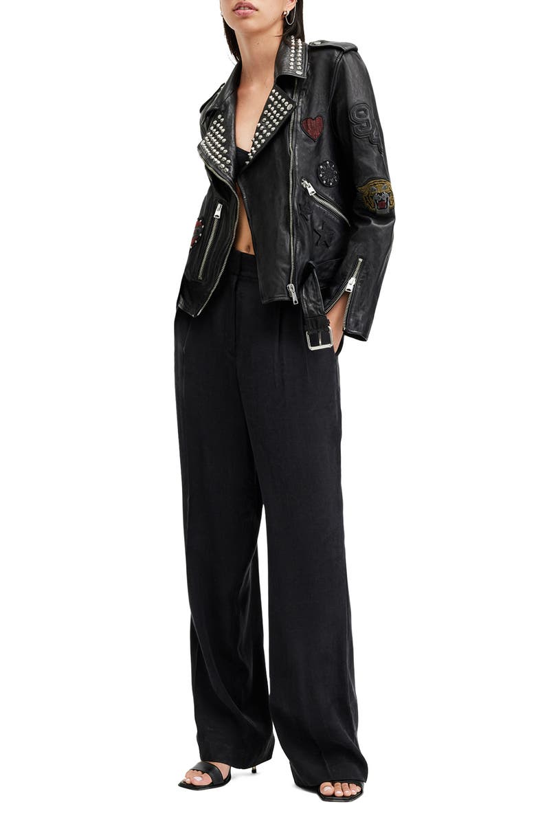 AllSaints College Stud Detail Leather Biker Jacket, Alternate, color, Black