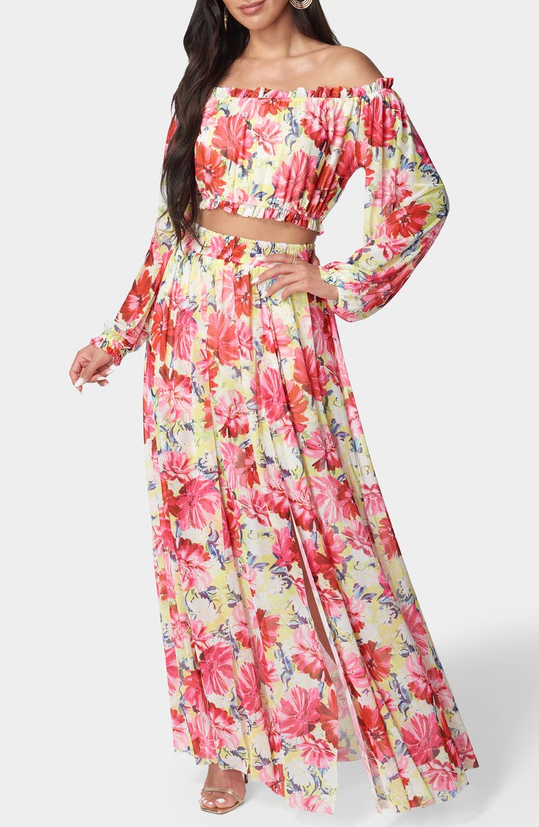 bebe Long Sleeve Crop Top & Maxi Skirt Set, Main, color, Ivy/ Multi