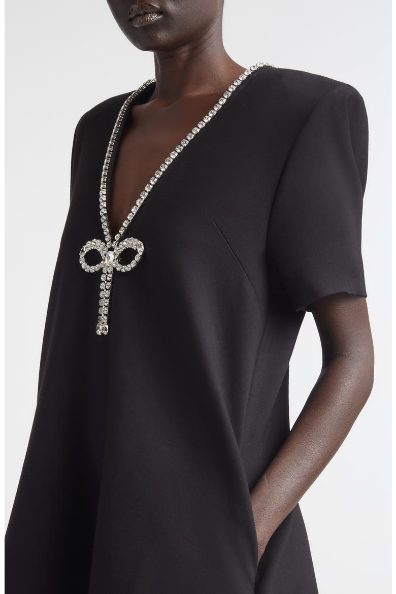 Crystal Bow V-Neck Ponte Knit T-Shirt Minidress, Alternate, color, BLACK