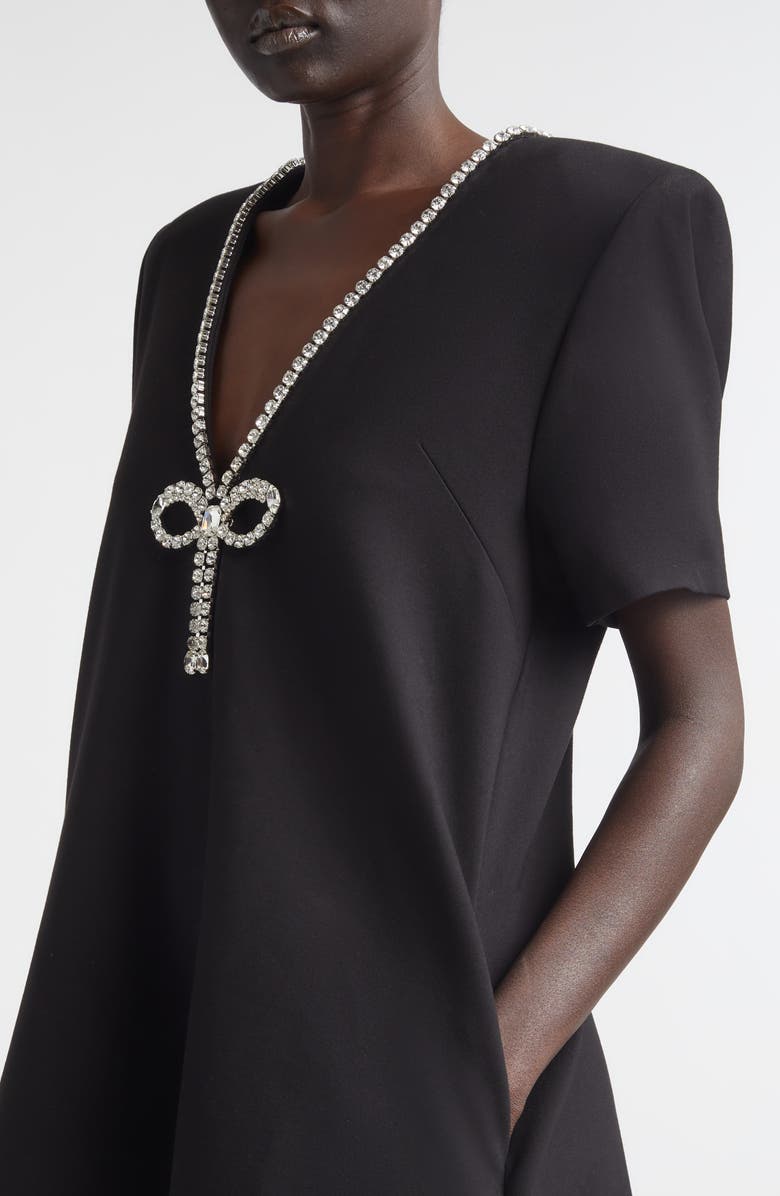 Area Crystal Bow V-Neck Ponte Knit T-Shirt Minidress, Alternate, color, Black