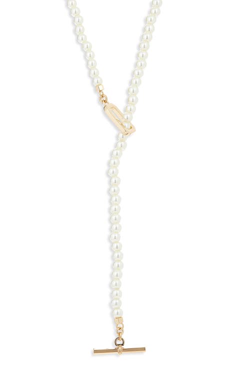 Faux Pearl Lariat Necklace